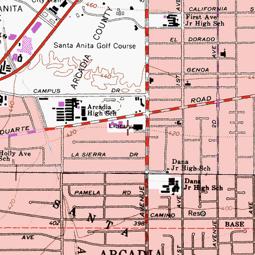 Topographic Map of Arcadia Public Library, CA