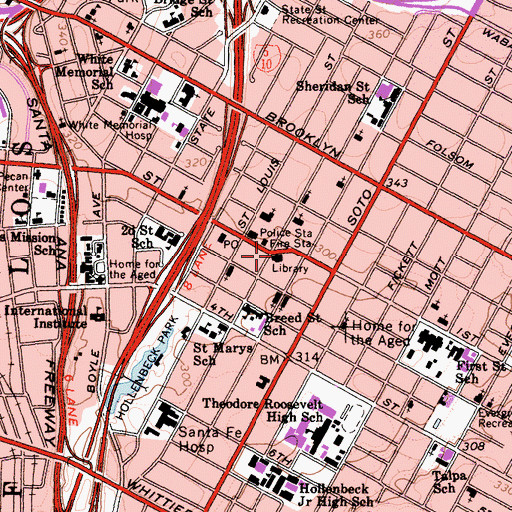 Topographic Map of Benjamin Franklin Branch Los Angeles Public Library, CA