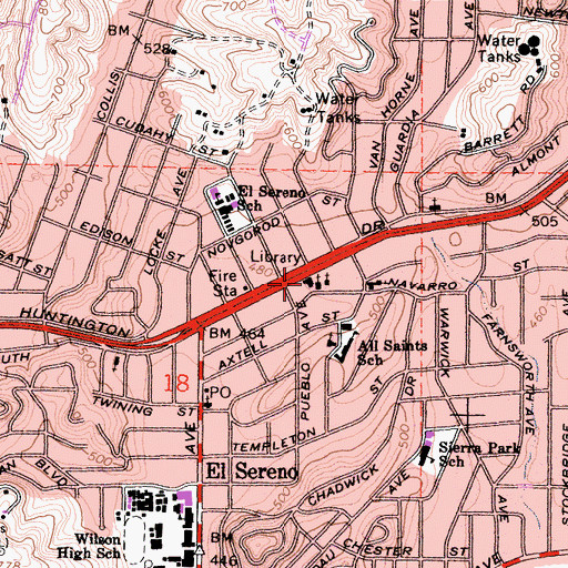 Topographic Map of El Sereno Branch Los Angeles Public Library, CA