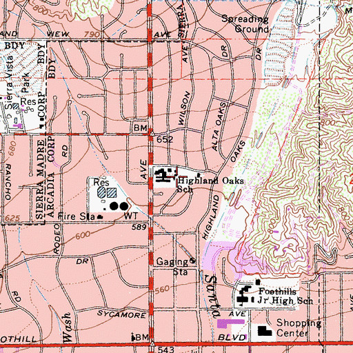 Topographic Map of Highland Oaks Park, CA