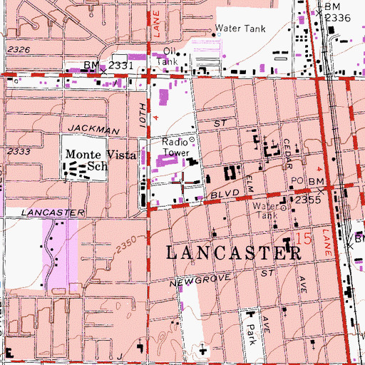 Topographic Map of Lancaster City Hall, CA