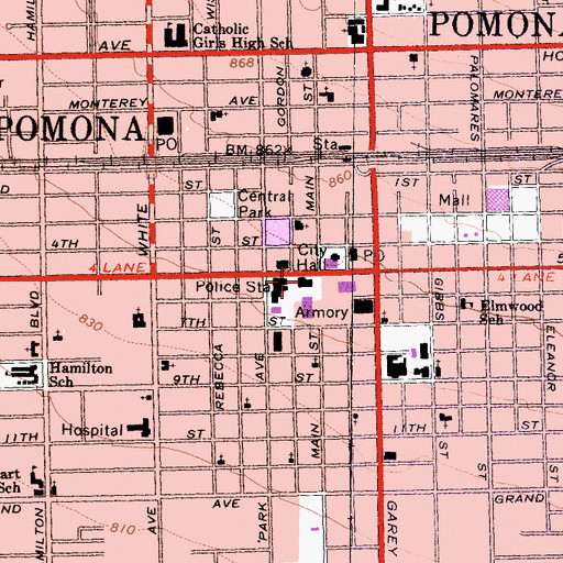 Topographic Map of Pomona County Building, CA