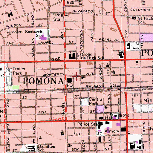 Topographic Map of Pomona Four Square Gospel Church, CA