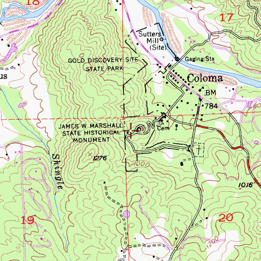 Topographic Map of James Marshall Monument Grave, CA