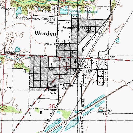 Topographic Map of Worden City Hall, IL
