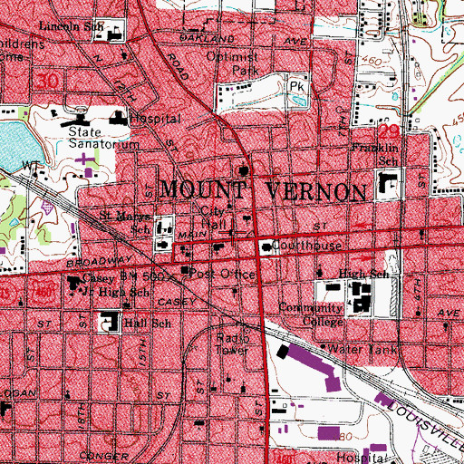 Topographic Map of Mount Vernon City Hall, IL