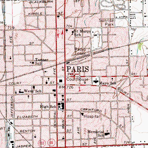 Topographic Map of Paris Post Office, IL