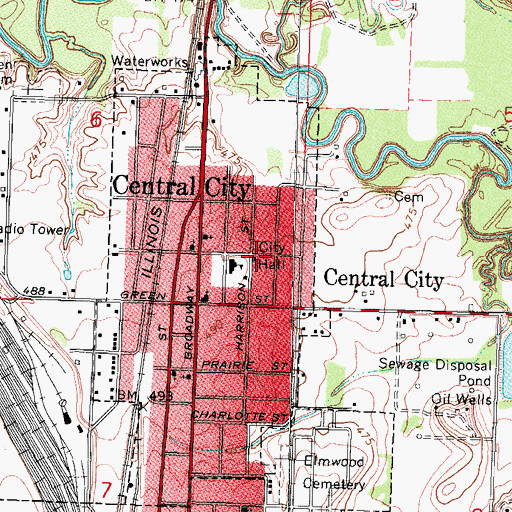 Topographic Map of Central City City Hall, IL