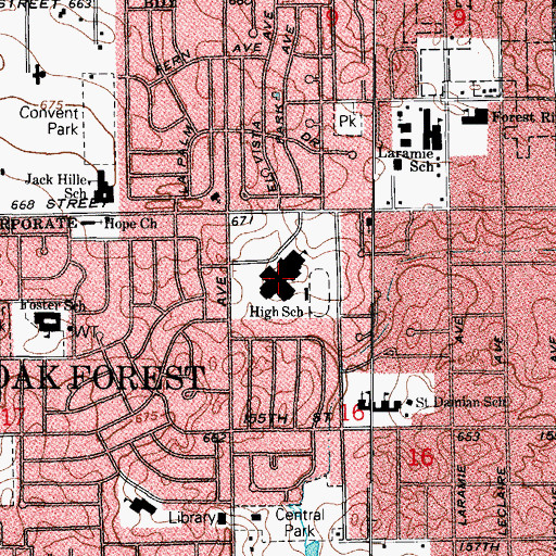 Topographic Map of Oak Forest High School, IL