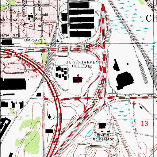 Topographic Map of Olive-Harvey College, IL