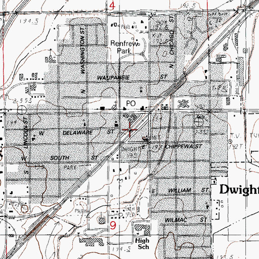 Topographic Map of Dwight Chicago and Alton Railroad Depot, IL