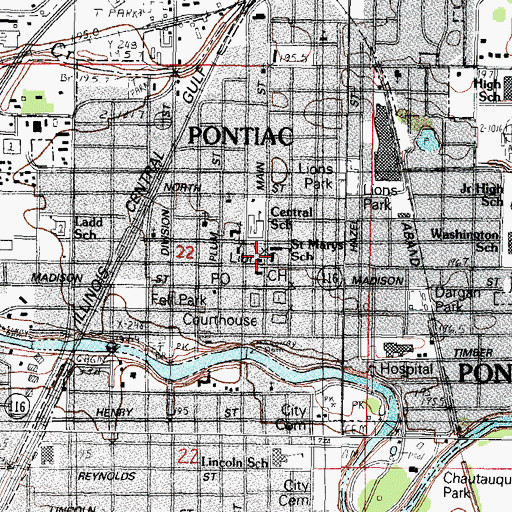 Topographic Map of Pontiac Public Library, IL