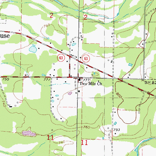 Topographic Map of Two Mile Church, OK