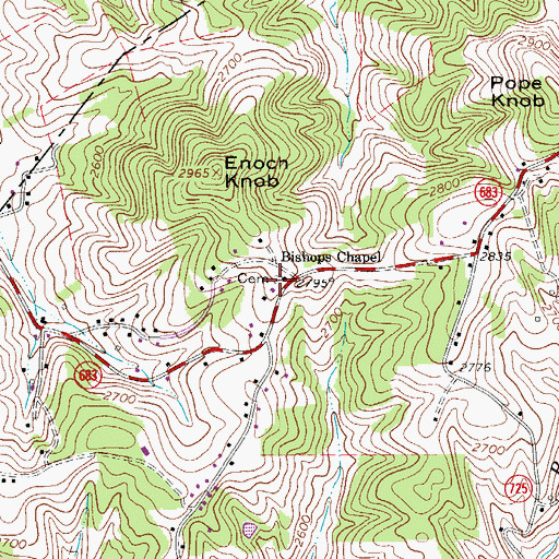 Topographic Map of Bishops Chapel Cemetery, VA