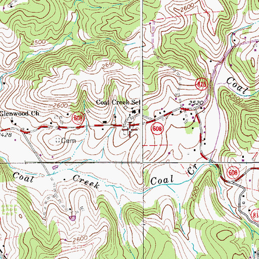 Topographic Map of Coal Creek Memorial Cemetery, VA