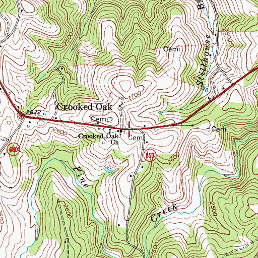 Topographic Map of Crooked Oak Cemetery, VA