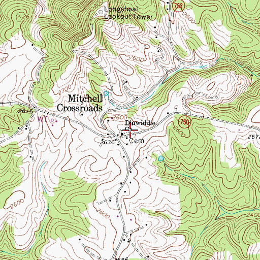 Topographic Map of Dinwiddie Cemetery, VA