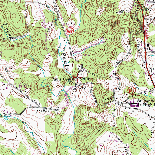 Topographic Map of Pauls Creek Cemetery, VA