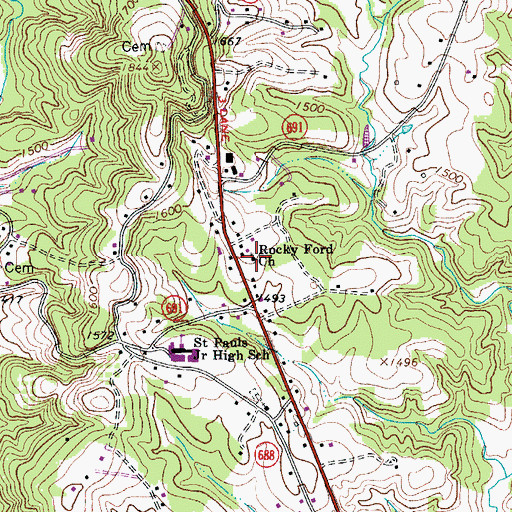 Topographic Map of Rocky Ford Cemetery, VA