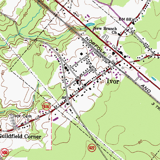 Topographic Map of Ivor Baptist Church, VA