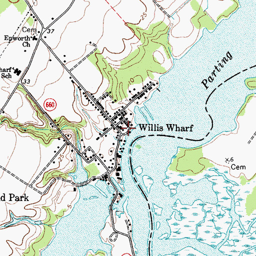 Topographic Map of Willis Wharf Post Office, VA