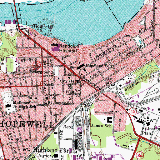 Topographic Map of Hopewell City Hall, VA