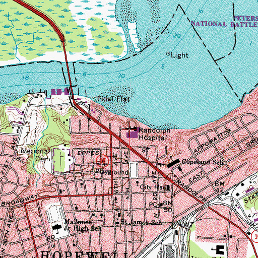 Topographic Map of John Randolph Medical Center, VA