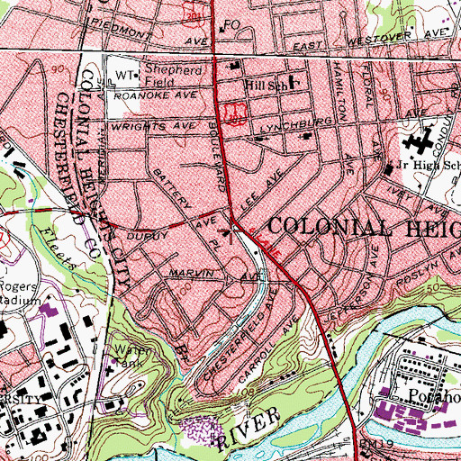 Topographic Map of Colonial Heights Baptist Church, VA
