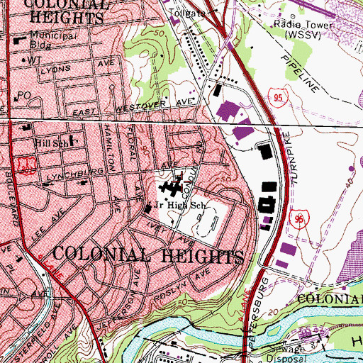 Topographic Map of Colonial Heights Middle School, VA