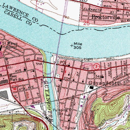 Topographic Map of Guyandotte Post Office, WV