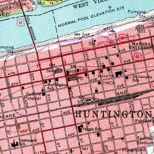 Topographic Map of United States Post Office and Courthouse Historic District, WV