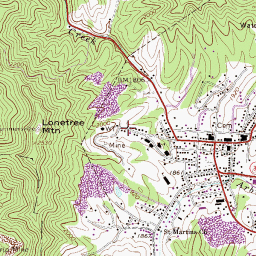 Topographic Map of Bright Mountain Estates, WV
