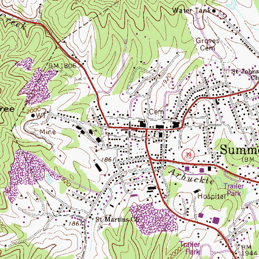 Topographic Map of Summersville Baptist Church, WV