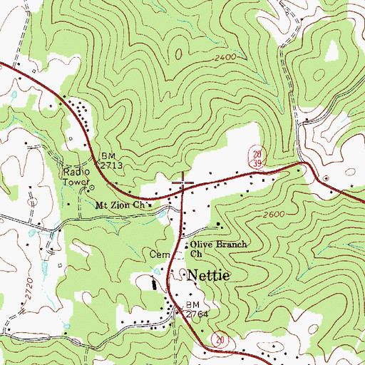 Topographic Map of Nettie Post Office, WV