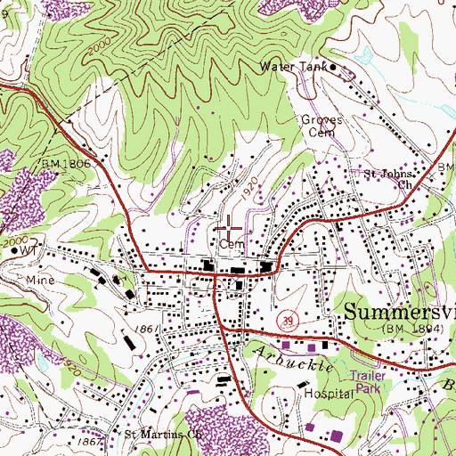 Topographic Map of Summersville Church of God, WV