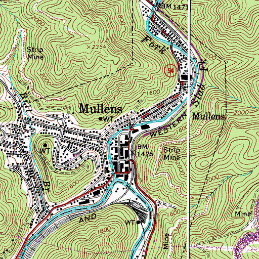 Topographic Map of Mullens Post Office, WV