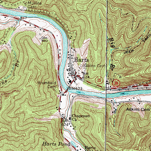 Topographic Map of Harts Post Office, WV