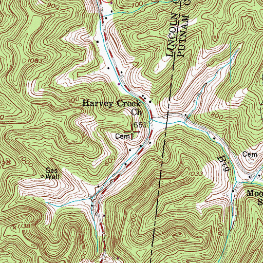 Topographic Map of Harveys Creek Cemetery, WV