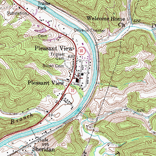 Topographic Map of Pleasant View Elementary School (historical), WV