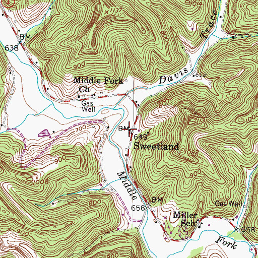 Topographic Map of Sweetland Post Office, WV