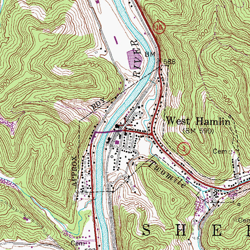 Topographic Map of West Hamlin Post Office, WV