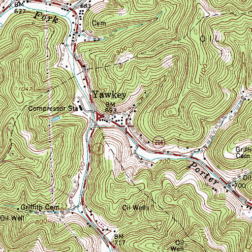 Topographic Map of Yawkey Post Office, WV