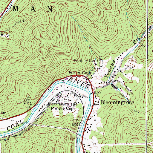 Topographic Map of Bloomingrose Post Office, WV