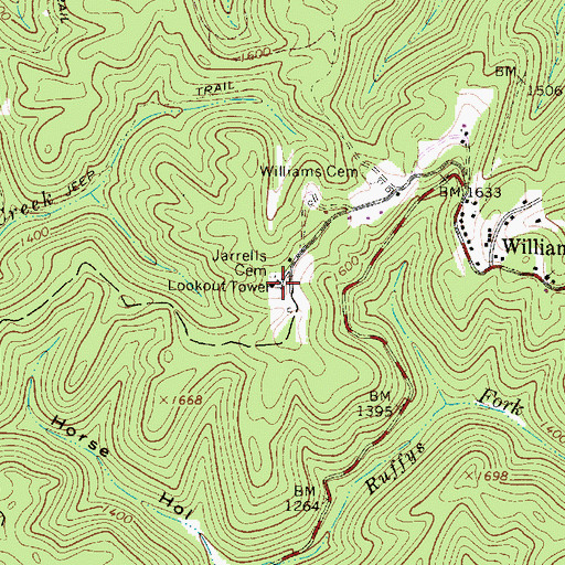 Topographic Map of Williams Hill Lookout Tower, WV