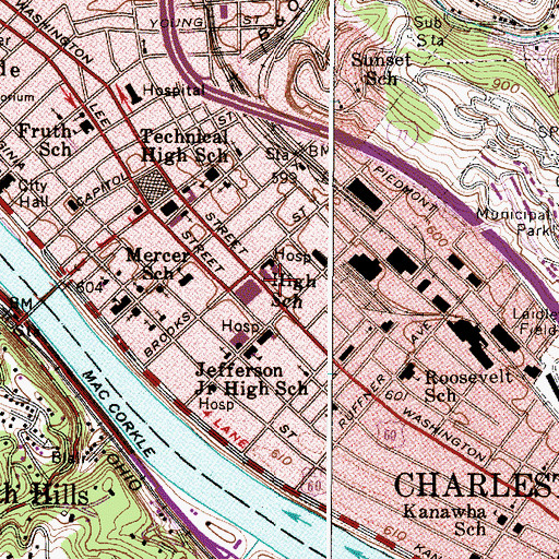 Topographic Map of Charleston Area Medical Center General Hospital, WV