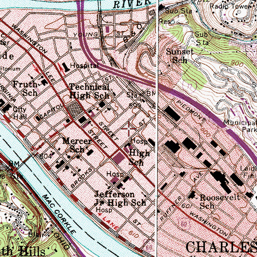 Topographic Map of Charleston Area Medical Center-General Division, WV