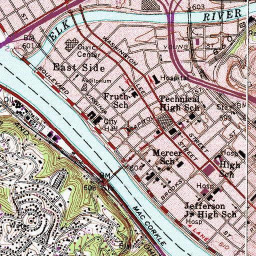 Topographic Map of Kanawha County Public Library, WV