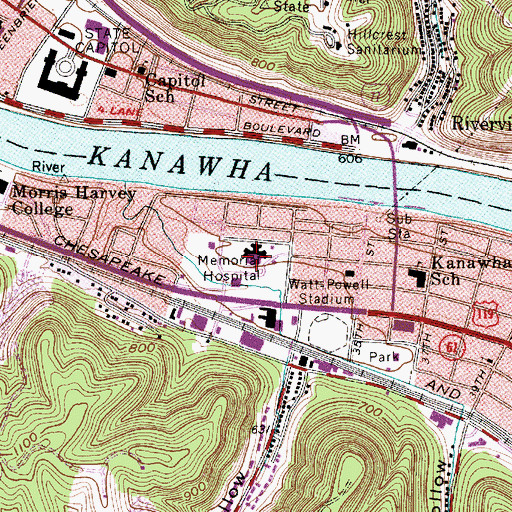 Topographic Map of Charleston Area Medical Center Memorial Hospital, WV