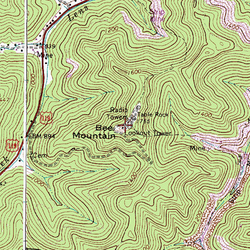 Topographic Map of Bee Mountain Lookout Tower, WV