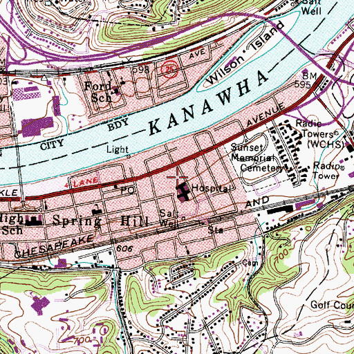 Topographic Map of Thomas Memorial Hospital, WV